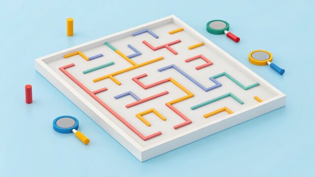 SEO Marketing traffic 3D concept. Maze game with colored paths and magnifying glasses on a light background.
