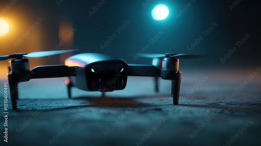 Poster a sleek drone positioned on the ground, illuminated by colorful lights in a dark setting