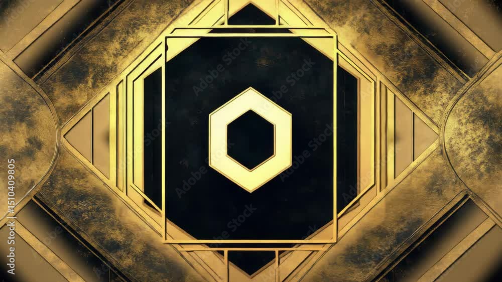 Poster abstract design with golden geometric shapes and black hexagon in the center on a textured backgroun