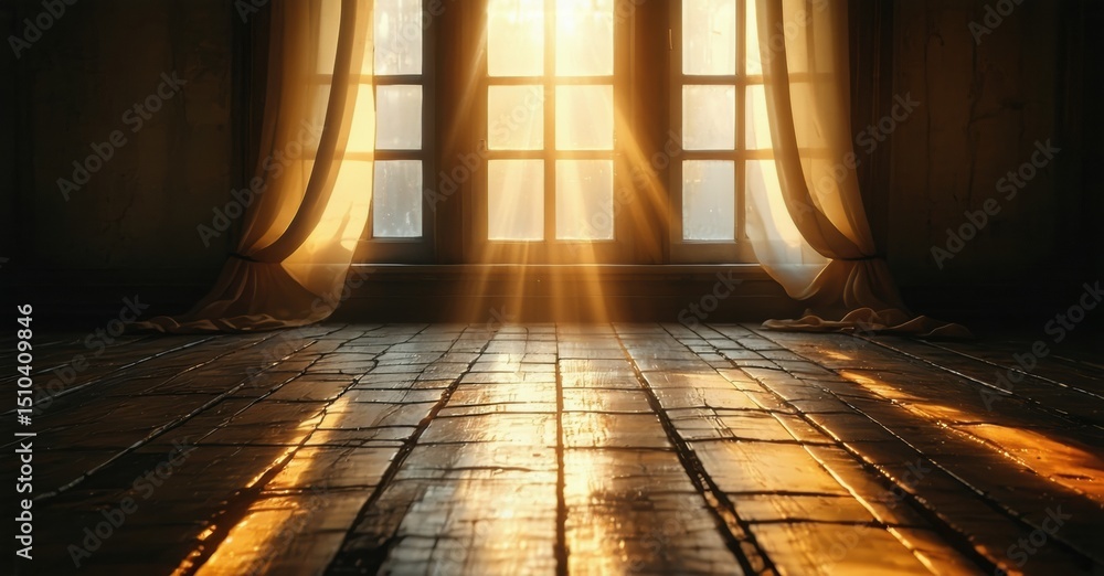 Poster empty room. sunlight streams through window, illuminating wooden floor. curtains frame bright light,