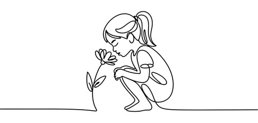 Little Girl Kneeling and Smelling a Flower One Line Drawing