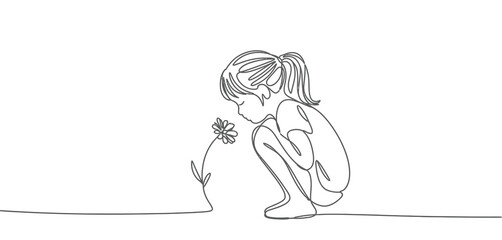 Little Girl Kneeling Down Smelling a Flower Single Line Art