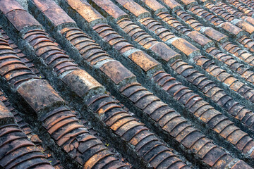 Detailed view of old, textured clay roof tiles showcasing weathered surfaces and aged patterns