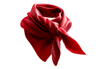 Bright red silk scarf tied in stylish knot on transparent background