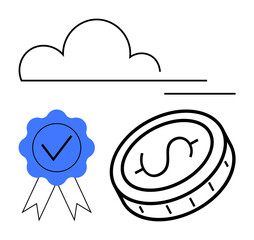 Cloud connectivity, a verified ribbon badge, and a coin with a dollar sign. Ideal for data safety, fintech, cloud technology, e-commerce, certifications, reliability and a simple landing page