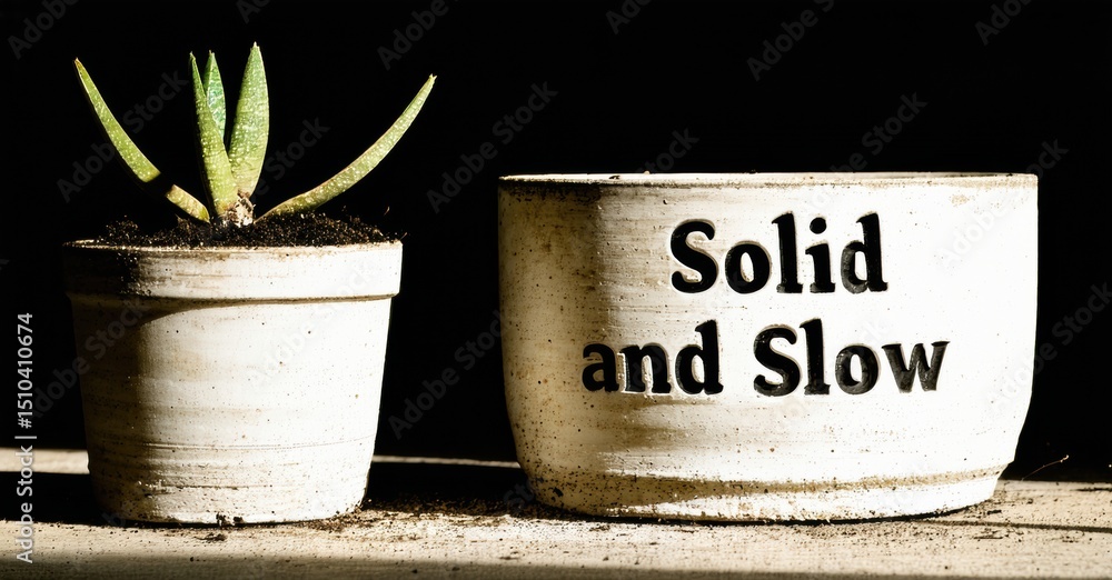 Poster two ceramic pots. one contains small plant, other displays text solid and slow. dark background emph