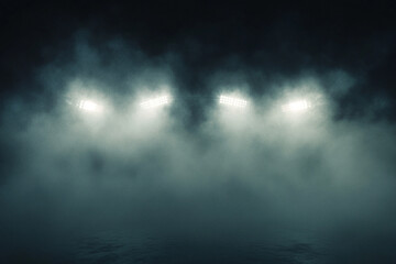 Football stadium lights through thick mist