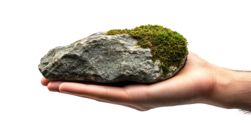 A hand holds a weathered stone with moss isolated on transparent background