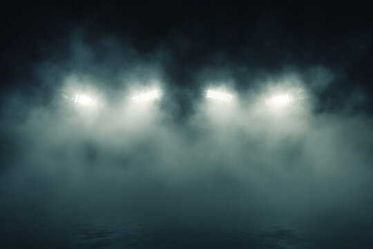 Football stadium lights through thick mist