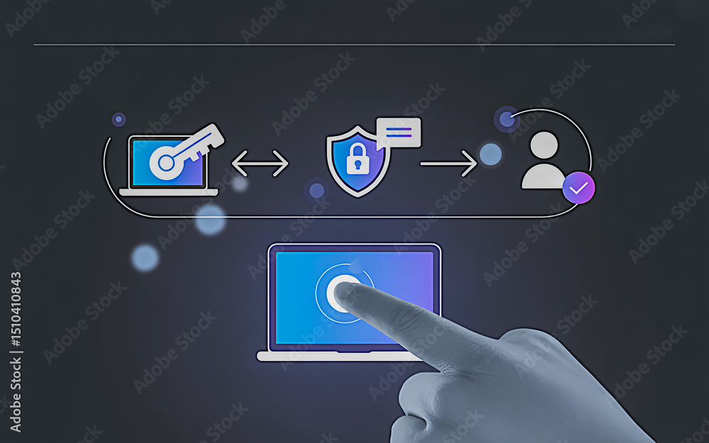 Poster a dark tech interface with three connected icons—a glowing key, a shield with a lock and speech bubb