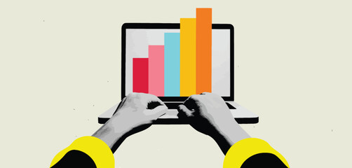 Hands Typing on Laptop Showing Upward Trending Bar Graph