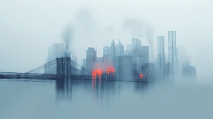 Fototapeta premium Foggy urban skyline with pollution and reflections.