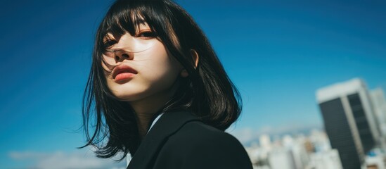 A woman with long black hair and a black jacket is looking up at the sky