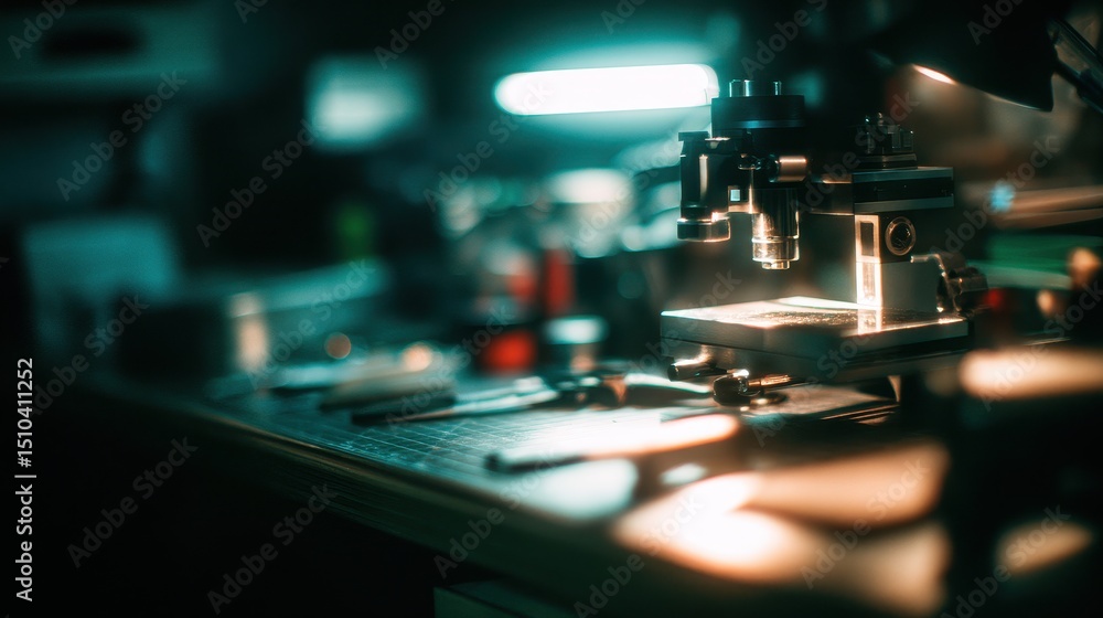 Poster close-up view of a microscope on a cluttered laboratory workbench with tools and ambient lighting
