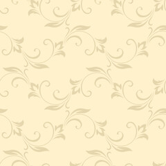 Vintage seamless plant pattern of beige stylized leaves, flowers and curls. Retro style. Vector backdrop, texture for victorian wallpapers, wrapping paper, fabric
