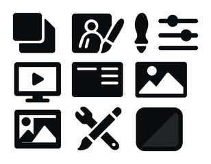 Digital Art Icon Set. Solid, filled icons set of digital artist’s reference board: layer thumbnail, digital - obrazy, fototapety, plakaty
