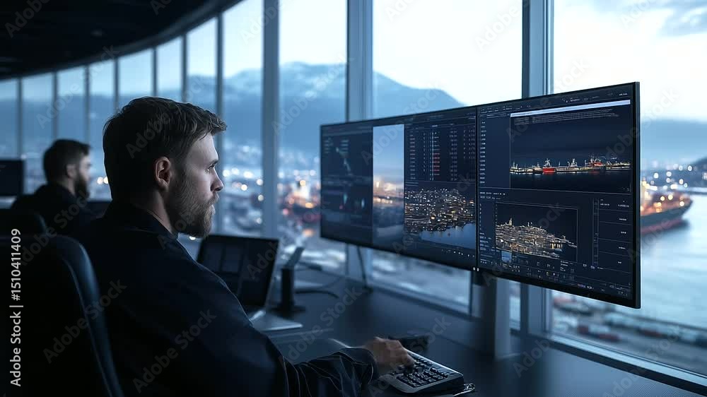 Poster control room staff monitoring ship movement data and loading operations on giant screens, windows ov