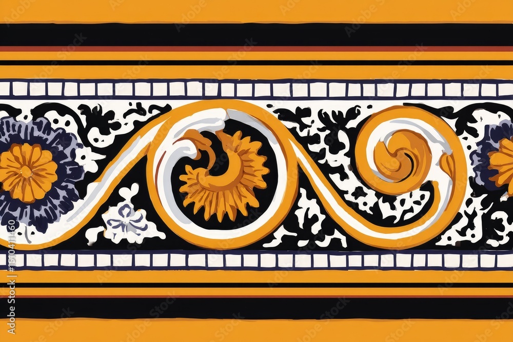 Poster artistic ornamentation: a striking symmetrical pattern features intricate floral and scroll motifs, 