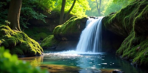 Serene waterfall cascading down moss-covered rocks, sunlight dappling the lush green forest floor A perfect representation of nature's effortless flow and tranquility , tranquil, wilderness
