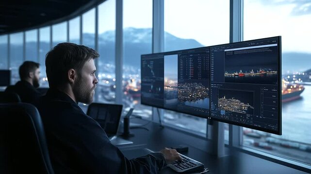 Control room staff monitoring ship movement data and loading operations on giant screens, windows overlooking busy harbor