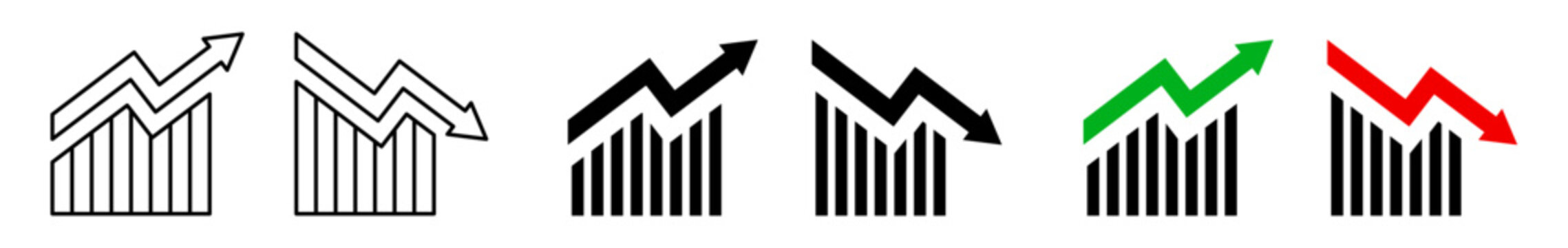 Conjunto de iconos de gr&aacute;ficas creciente y decreciente. Finanzas, negocio. Ganancias, p&eacute;rdidas, an&aacute;lisis financiero y comportamiento econ&oacute;mico. Ilustraci&oacute;n vectorial