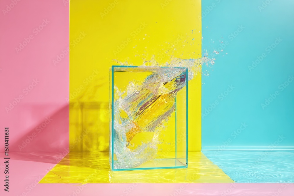 Poster abstract water dynamics: captivating a stunning splash of liquid with a bright yellow object inside 