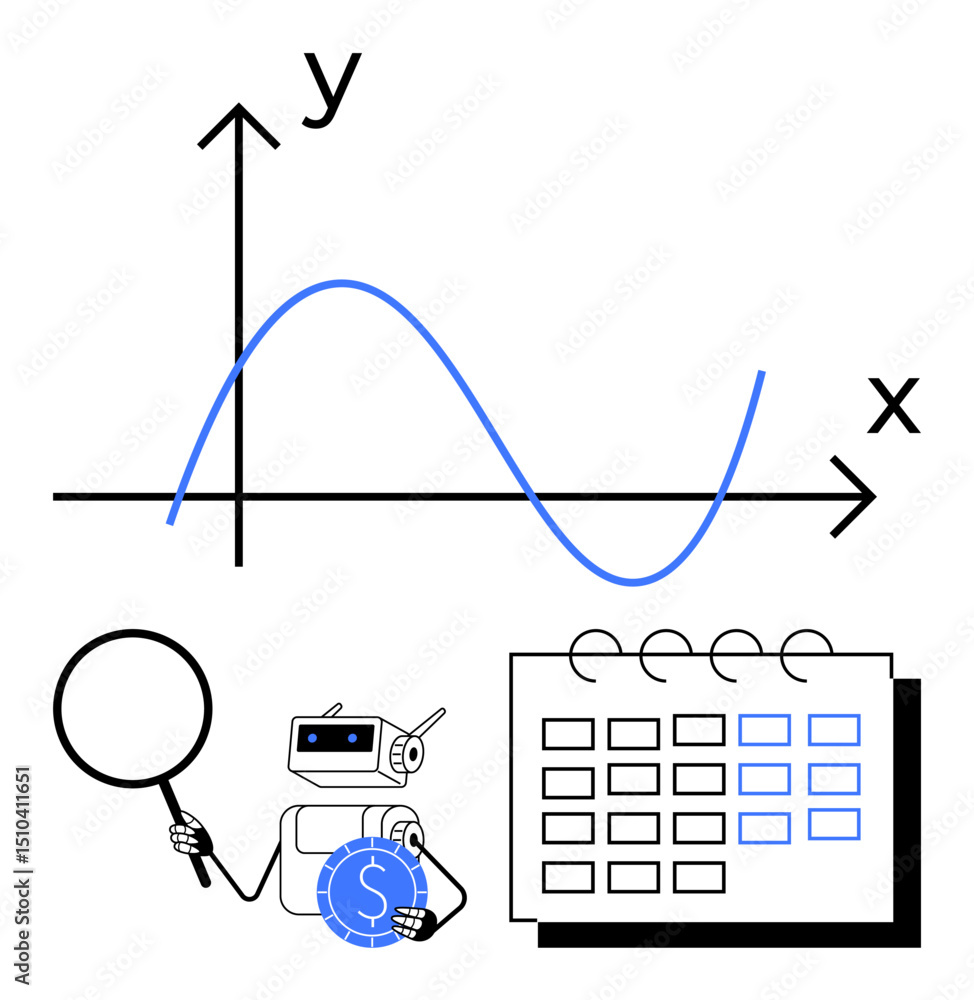 Poster robot studying graph curve with magnifier beside calendar icon and coin, representing analytics. ide