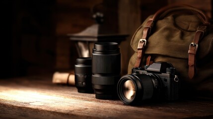 Vintage camera setup on wooden table with lenses and backpack in a cozy, rustic environment