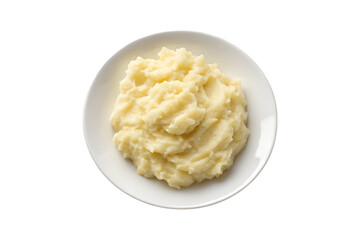 Overhead shot of creamy mashed potatoes served on a white plate isolated transparent background Generative AI