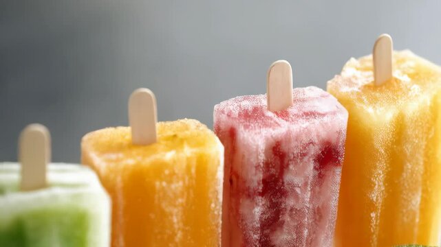 Assortment of colorful frozen fruit popsicles with kiwi and mango displayed in a row on wooden sticks for summertime