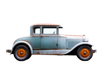 Classic vintage car with rusted body and orange wheels