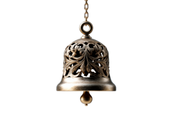 Ornate bell with intricate design hanging on a chain
