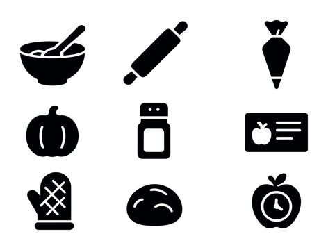 Fall Treat Icon Set. Solid, filled icons set of DIY fall treat making: mixing bowl, rolling pin, frosting bag,