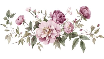 Fototapeta premium Delicate pink watercolor floral bouquet, featuring peonies and roses, with green leaves and dainty flowers,