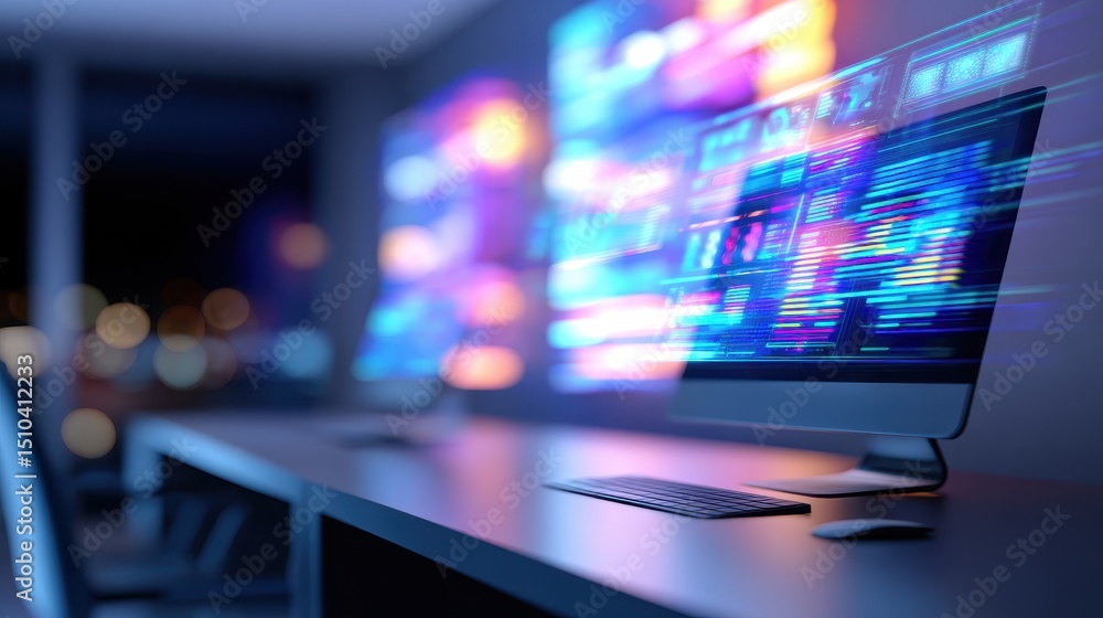Aufkleber Modern workspace with multiple screens displaying data analytics and vibrant visuals