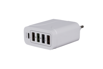 USB adapter for charging multiple mobile phones and modern devices on a transparent background