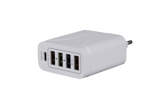 USB adapter for charging multiple mobile phones and modern devices on a transparent background