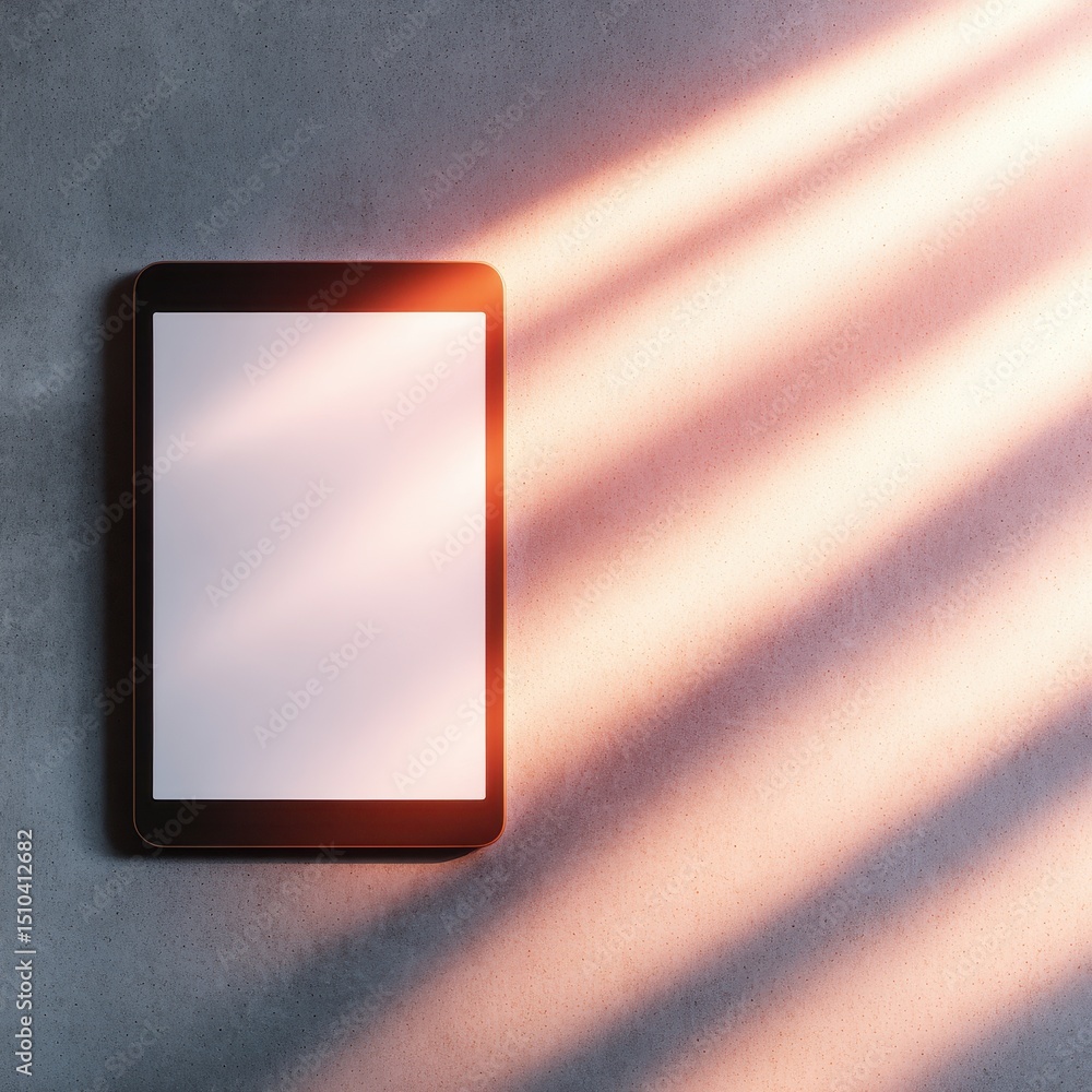 Aufkleber modern tablet resting on a textured surface with soft sunlight casting shadows