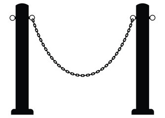 Two symmetrical vertical metal stanchions with rounded tops/bottoms and rings, connected by hanging chains forming an arc. Minimal barrier design isolated on white background. Front-facing, functional