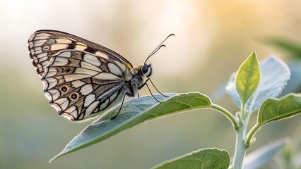Fototapeta premium Marbled White Butterfly on Leaf: Witness the delicate beauty of a Marbled White butterfly, its intricate wing patterns on full display as it rests gently on a vibrant green leaf.