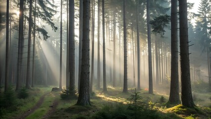 Fototapeta premium Sunbeams in the Forest: Sunlight streams through the dense canopy of a pine forest, creating a mystical and serene atmosphere. The path winds through the trees, inviting exploration.