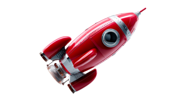 Red rocket toy design flying upward with a transparent background