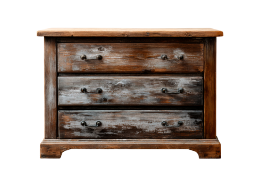 Rustic wooden dresser with three drawers on a transparent background