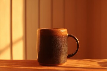 Warm Rustic Coffee Mug Surrounded by Natural Light with Shadow Play on Wood Table Highlighting Earthy Tones and Cozy Atmosphere in Morning Setting