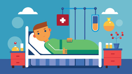 Naklejka premium Cartoon Man in Hospital Bed with Medical Equipment and Bedside Tables Illustration