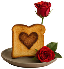 Toast with heart shape and roses, transparent background png