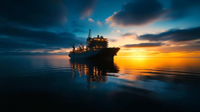 Expansive shot of FPSO (Floating Production Storage and Offloading vessel) anchored near deepwater platform