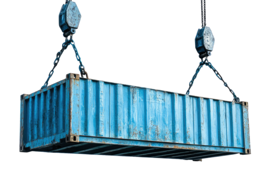 Blue shipping container suspended by industrial cranes  isolated on transparent background