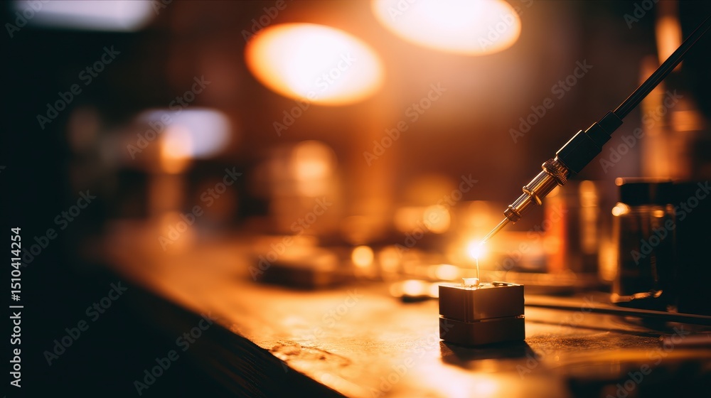 Poster close-up of a technician soldering components on a workbench in a dimly lit workshop