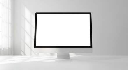 Fototapeta premium Minimalist Modern Computer Monitor Displayed On White Desk In Bright Room With Natural Light.
